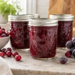 Sealed jars of Cranberry Grape Preserves prepared using the tested Bernardin method