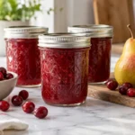 Sealed jars of Cranberry Pear Jam prepared using the tested Bernardin method