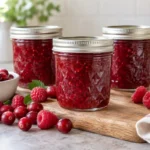 Sealed jars of Cranberry Raspberry Preserves prepared using the tested Bernardin method