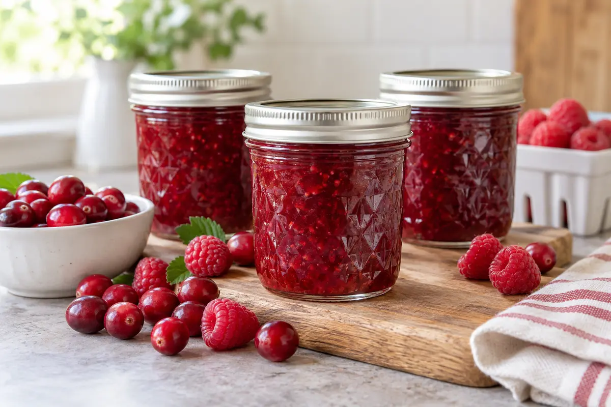 Cranberry Raspberry Preserves — Bernardin 1 Sealed jars of Cranberry Raspberry Preserves prepared using the tested Bernardin method