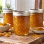Sealed jars of Curry Raisin Jelly prepared using the tested Bernardin method