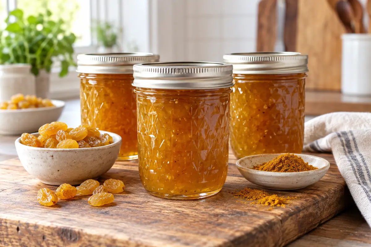 Sealed jars of Curry Raisin Jelly prepared using the tested Bernardin method