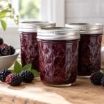 Sealed jars of Dewberry Jam prepared using the tested Bernardin method
