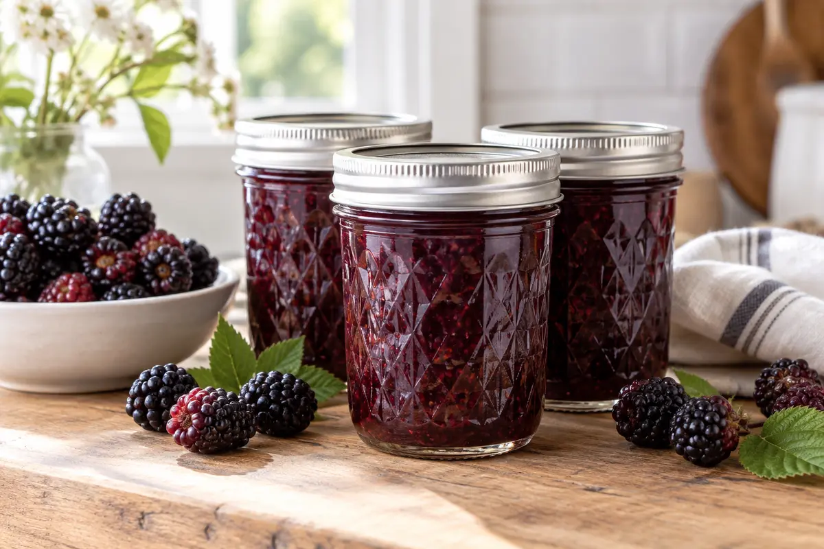 Sealed jars of Dewberry Jam prepared using the tested Bernardin method