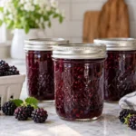 Sealed jars of Dewberry Jam-Liquid Pectin prepared using the tested Bernardin method