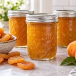 Sealed jars of Dried Apricot Jam prepared using the tested Bernardin method