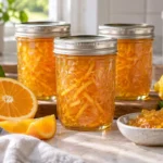 Sealed jars of Easiest Ever Marmalade prepared using the tested Bernardin method