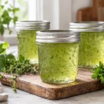 Sealed jars of Fine Herb Jelly prepared using the tested Bernardin method