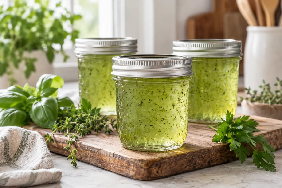 Sealed jars of Fine Herb Jelly prepared using the tested Bernardin method