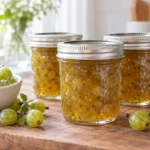 Sealed jars of Gooseberry Jam prepared using the tested Bernardin method