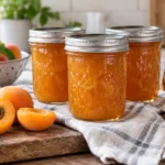 Sealed jars of Gourmet Apricot & Brandy Preserves prepared using the tested Bernardin method