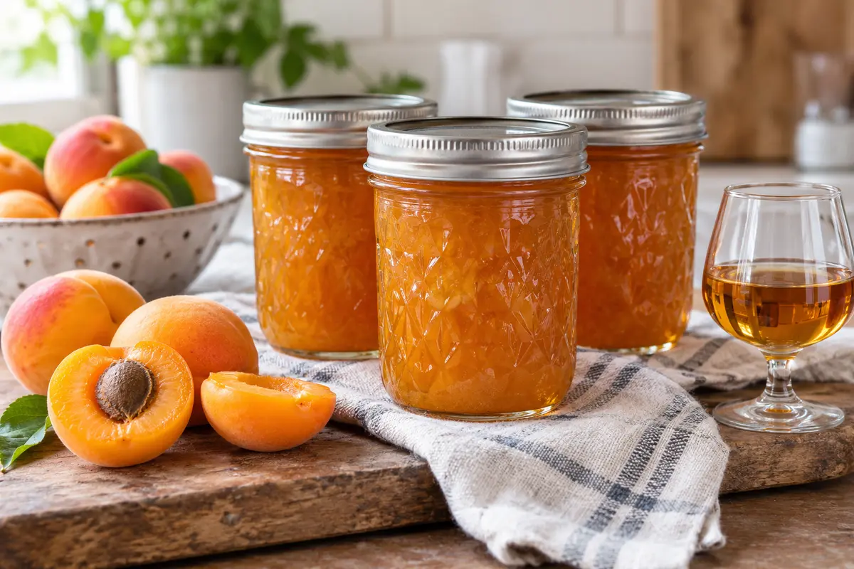 Sealed jars of Gourmet Apricot & Brandy Preserves prepared using the tested Bernardin method