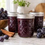 Sealed jars of Grape Cinnamon Marmalade prepared using the tested Bernardin method