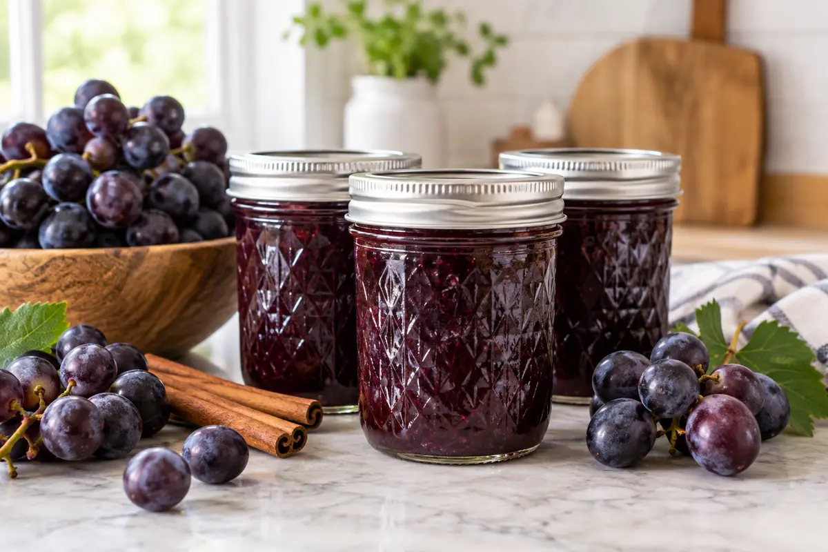 Sealed jars of Grape Cinnamon Marmalade prepared using the tested Bernardin method