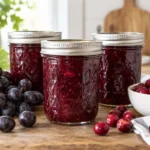 Sealed jars of Grape Cranberry Conserve prepared using the tested Bernardin method
