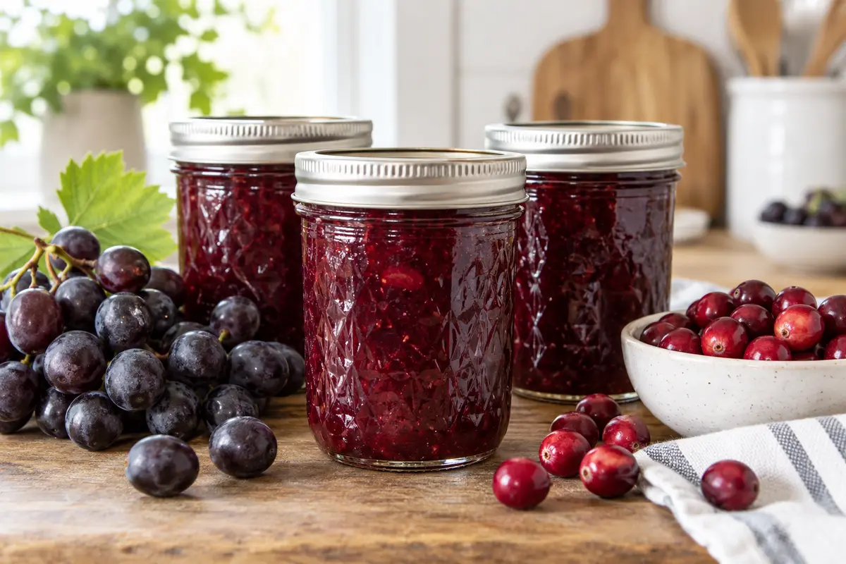 Sealed jars of Grape Cranberry Conserve prepared using the tested Bernardin method