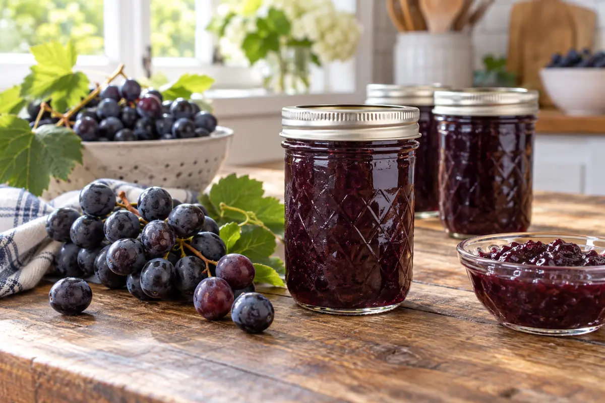 Sealed jars of Grape Jam prepared using the tested Bernardin method