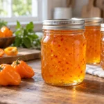 Sealed jars of Habanero Gold Jelly prepared using the tested Bernardin method
