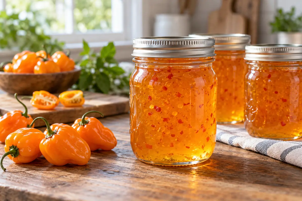 Sealed jars of Habanero Gold Jelly prepared using the tested Bernardin method