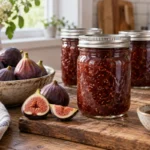 Sealed jars of Heavenly Fig Jam prepared using the tested Bernardin method