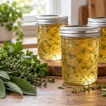 Sealed jars of Herb Jelly prepared using the tested Bernardin method