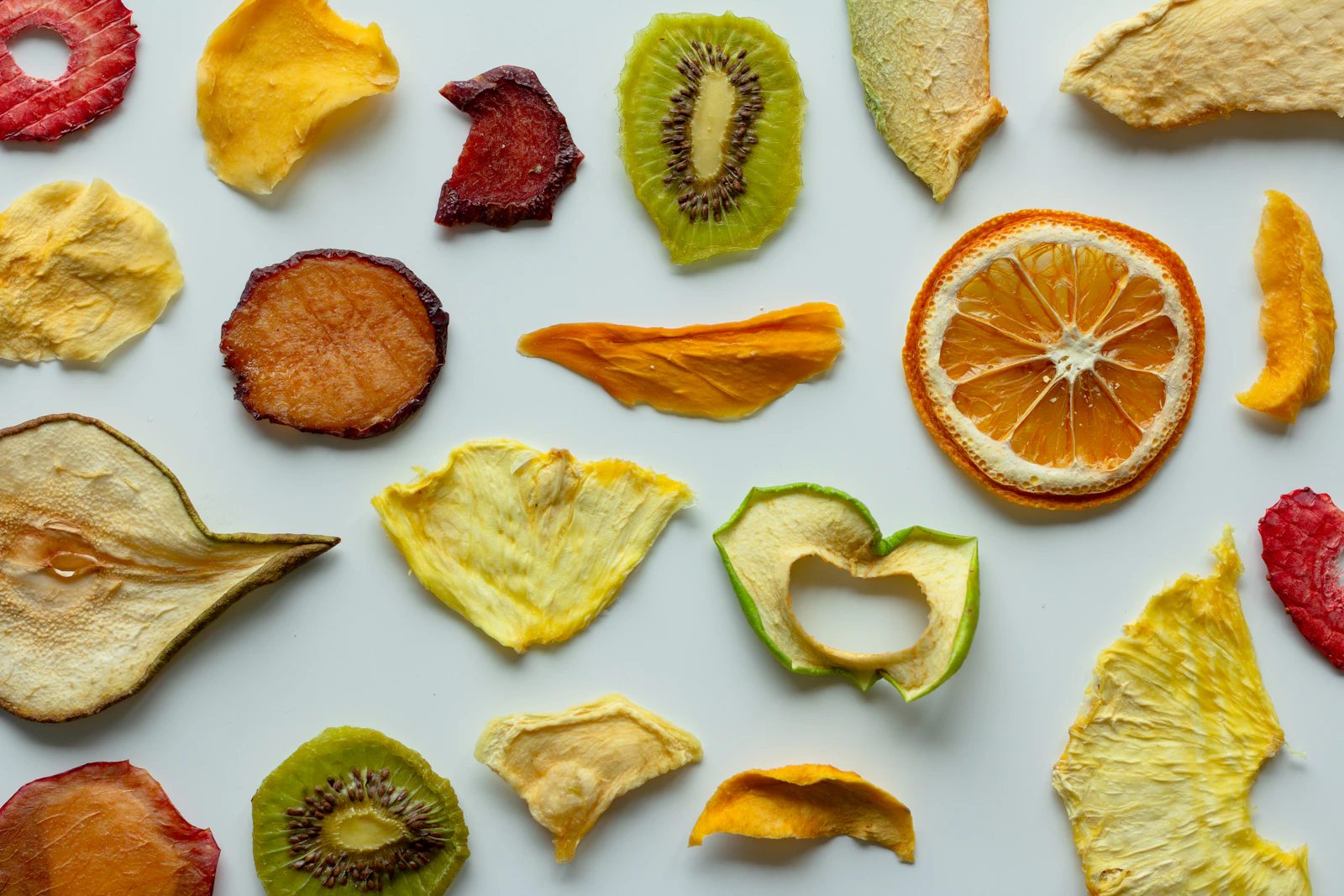 Assorted colorful dried fruit pieces illustrating home freeze-dried food