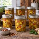 Six sealed half-pint jars of golden mango salsa with diced green mango, red bell pepper, onion, ginger, and garlic.