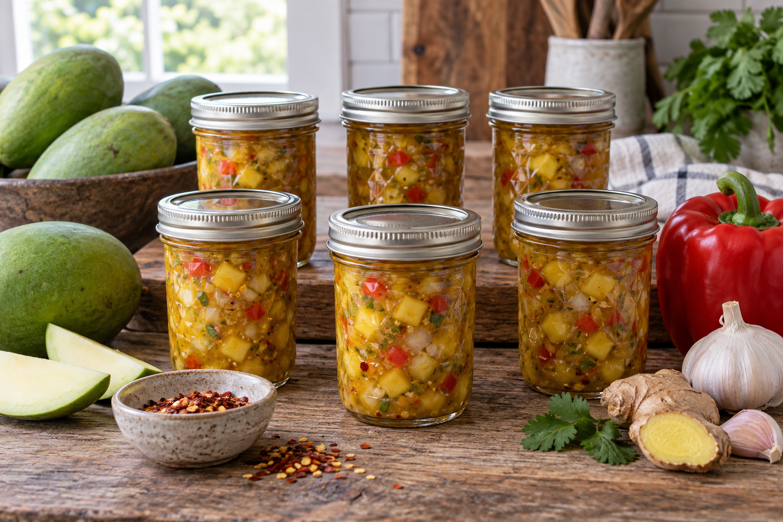 Six sealed half-pint jars of golden mango salsa with diced green mango, red bell pepper, onion, ginger, and garlic.