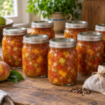 Seven sealed pint jars of peach apple salsa with peaches, Granny Smith apples, Roma tomatoes, green bell pepper, and a tied spice bag.