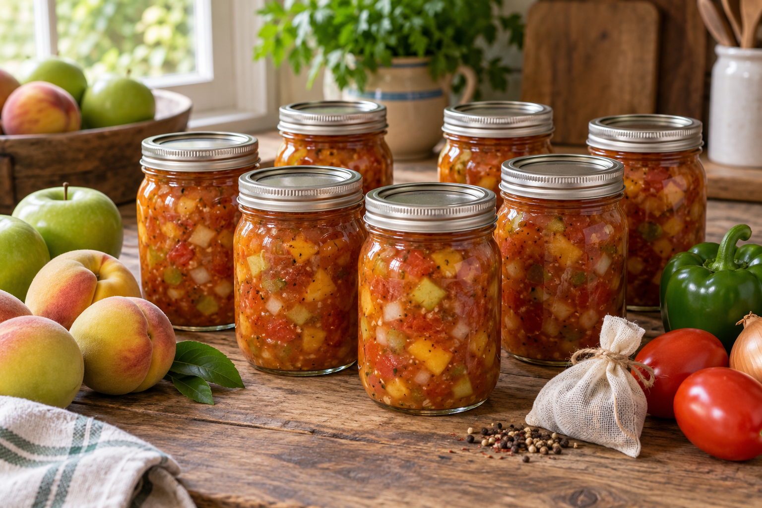 Seven sealed pint jars of peach apple salsa with peaches, Granny Smith apples, Roma tomatoes, green bell pepper, and a tied spice bag.