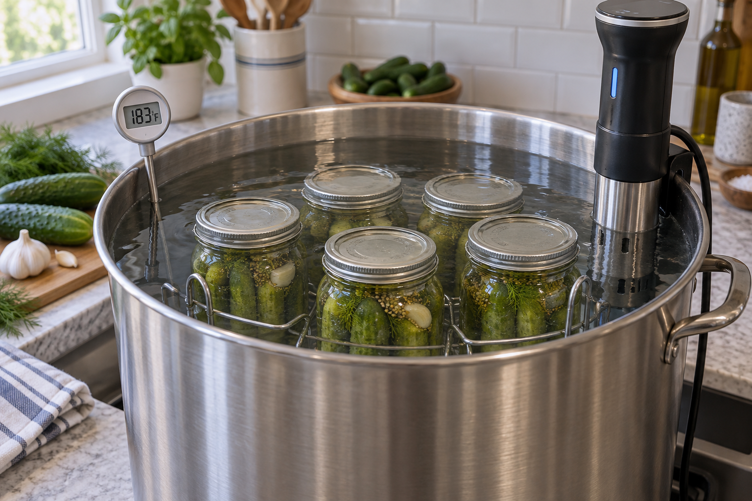 Sealed pickle jars fully submerged under one inch of water in a 183°F low-temperature pasteurization bath with an immersion circulator and independent thermometer.