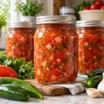 Three sealed pint home-canning jars filled with chunky tomato salsa made from paste tomatoes, green chiles, onion and jalapeño