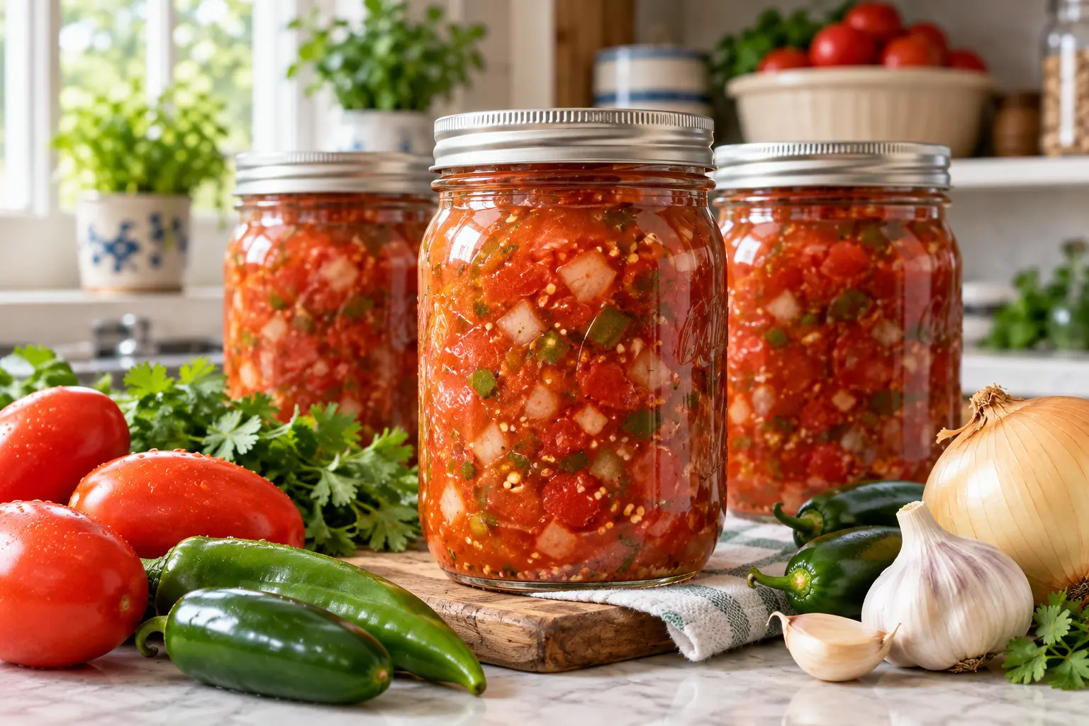 Three sealed pint home-canning jars filled with chunky tomato salsa made from paste tomatoes, green chiles, onion and jalapeño