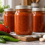 Three sealed pint home-canning jars filled with thick tomato taco sauce with tomatoes, peppers, onion and garlic