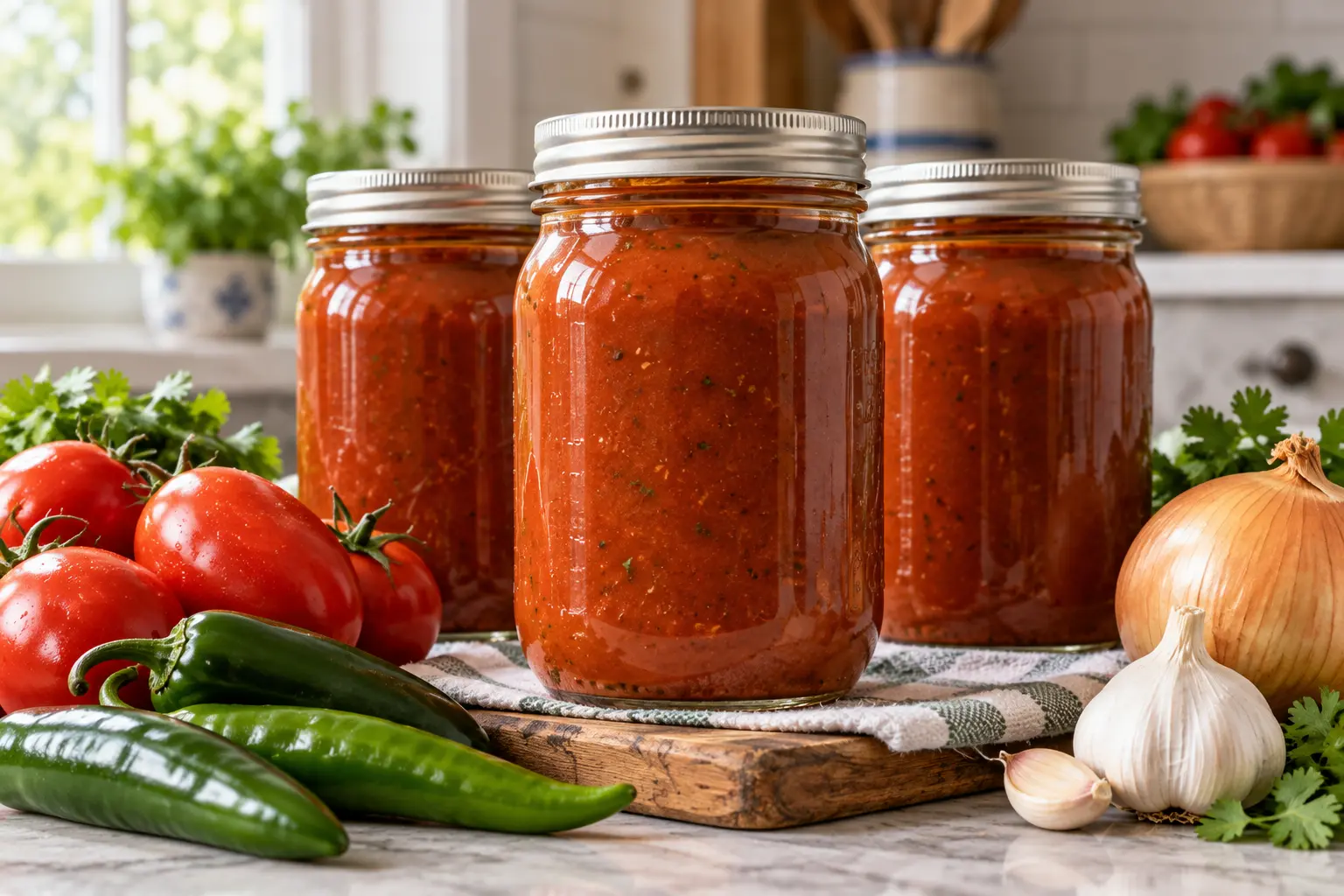Three sealed pint home-canning jars filled with thick tomato taco sauce with tomatoes, peppers, onion and garlic