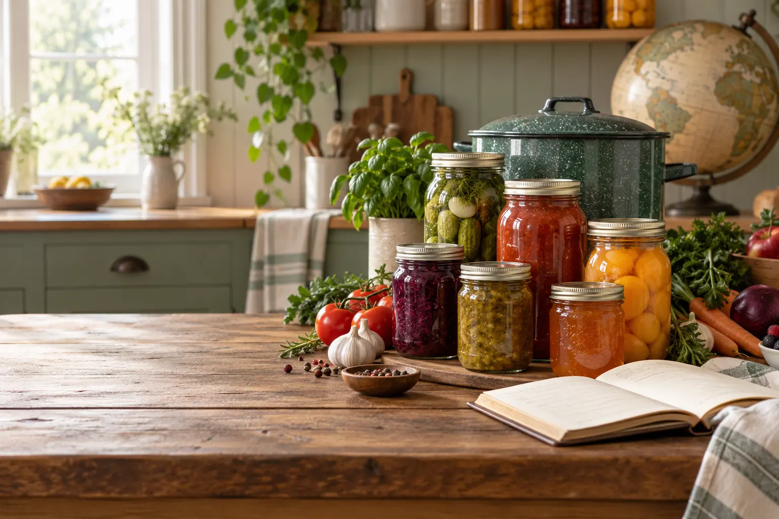 About the Encyclopedia 1 Worldwide assortment of home-canned foods with a reference notebook and globe