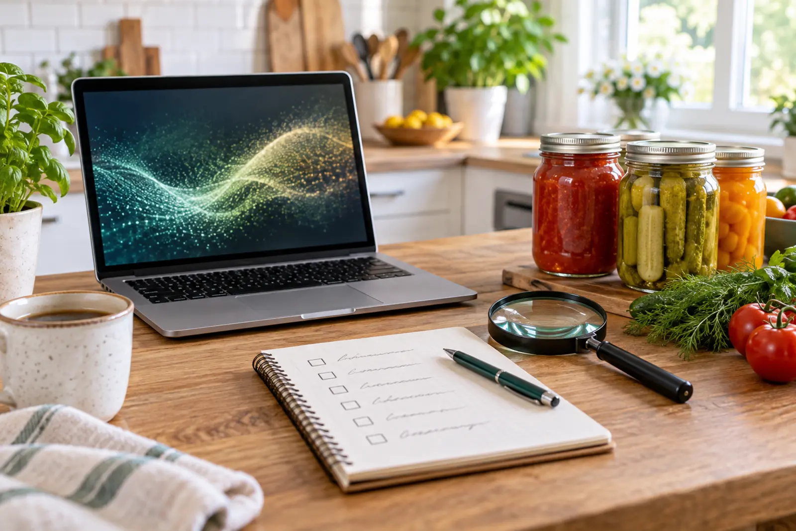 Laptop with an abstract generative pattern beside a human-review checklist, magnifying glass, and home-canning jars