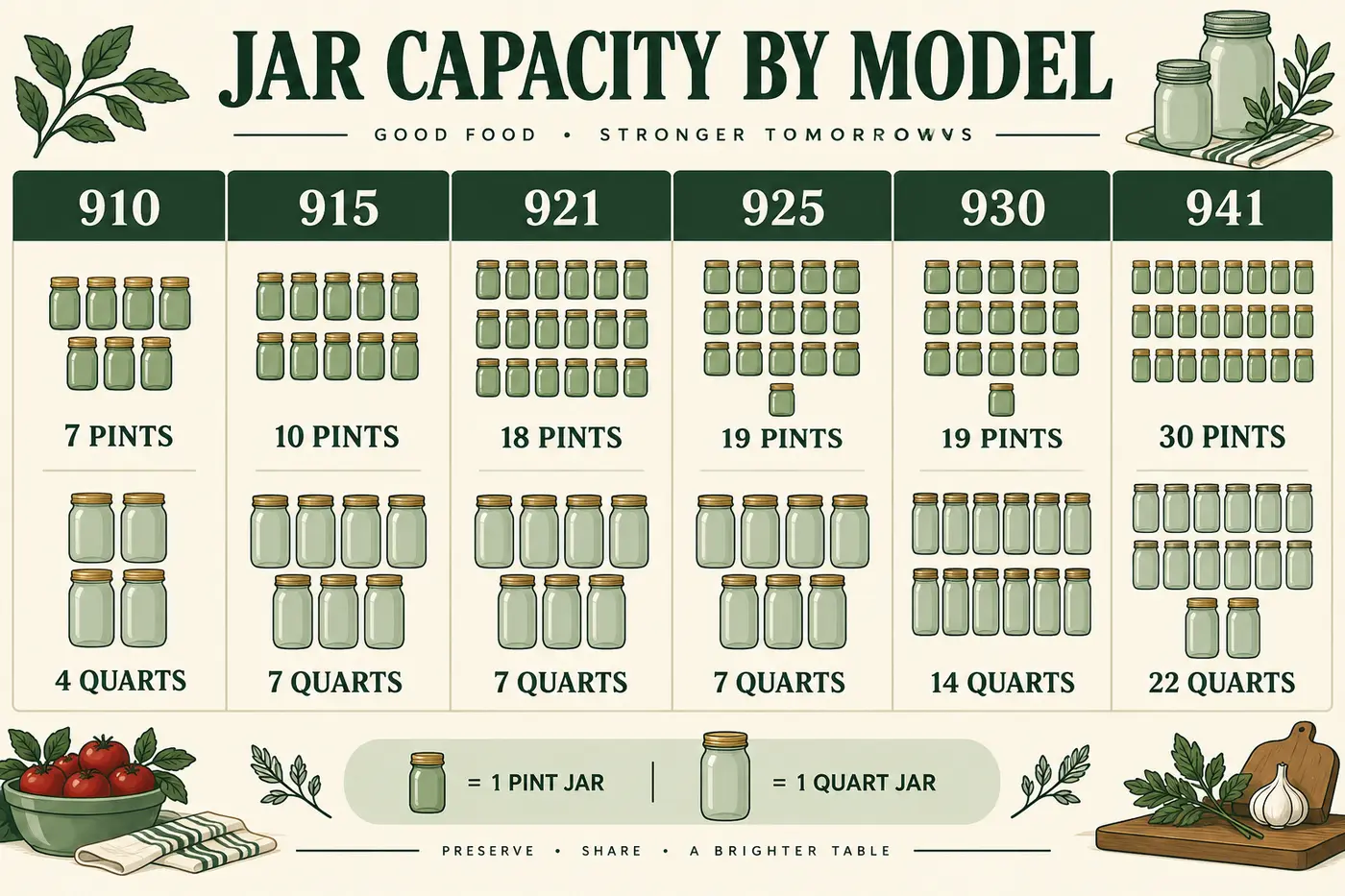 Pint and quart jar capacity comparison for All American 910, 915, 921, 925, 930 and 941
