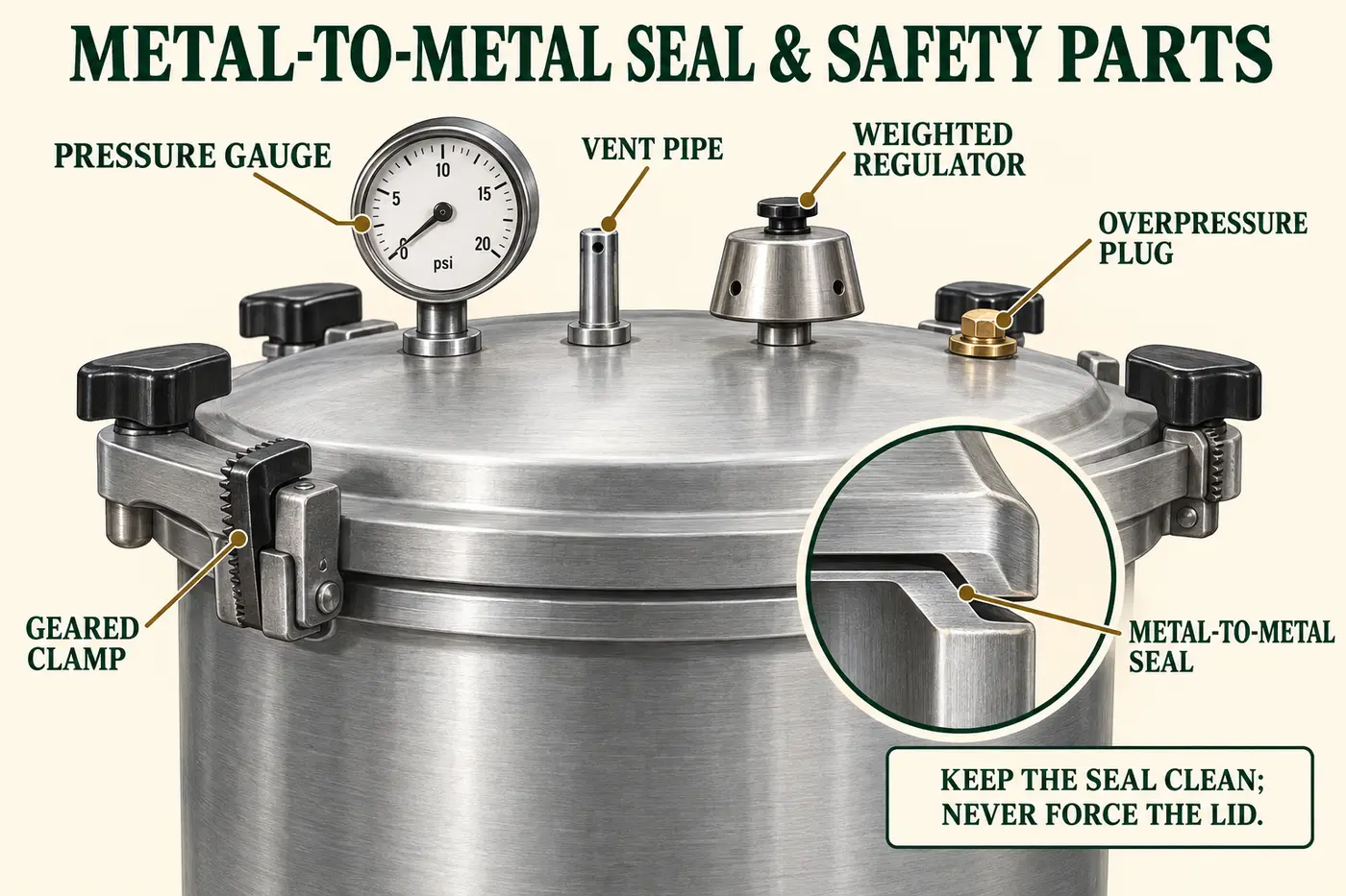 Labeled All American pressure canner metal-to-metal seal and safety parts