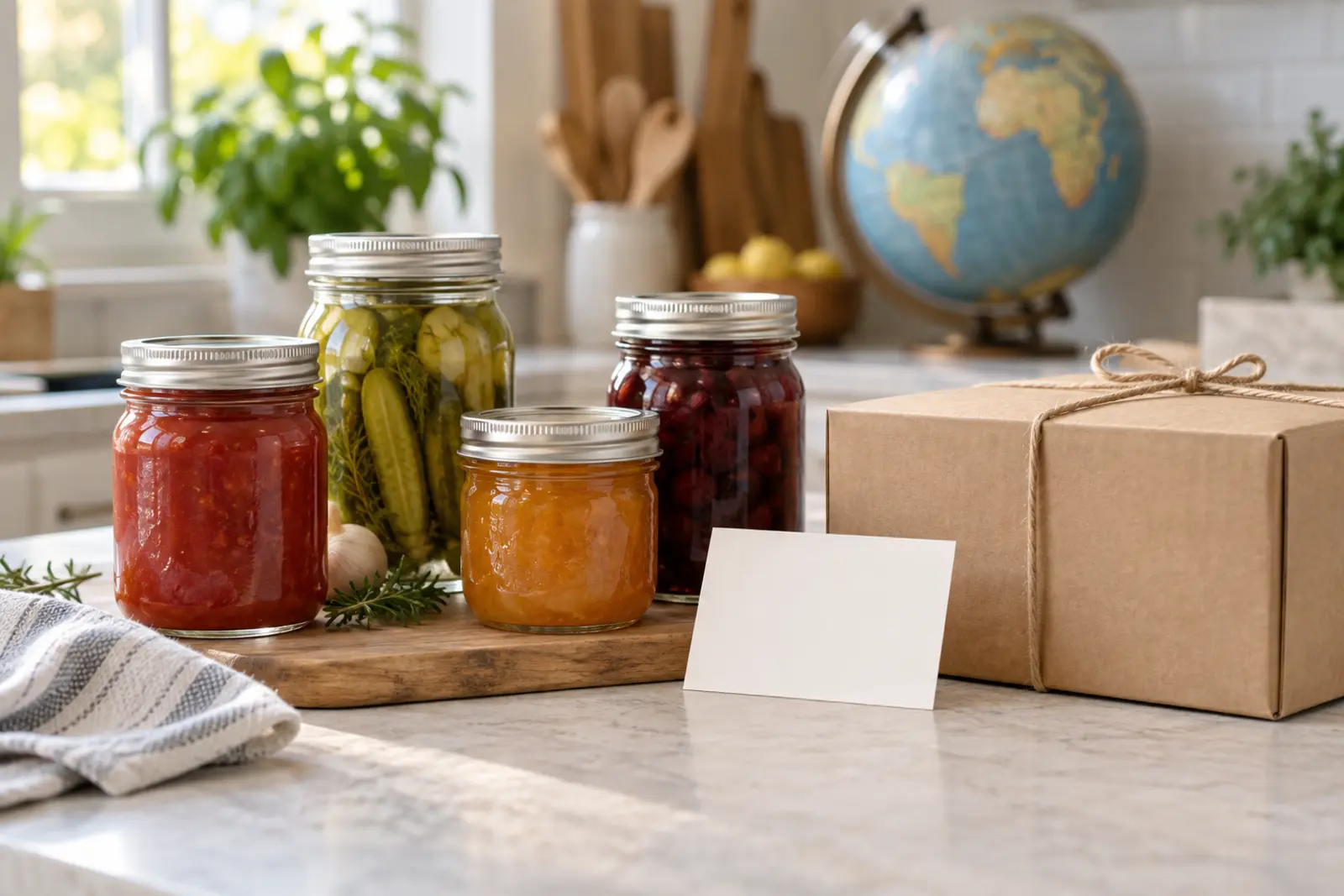 Amazon Associates Affiliate Disclosure 1 Home-canning jars beside an unbranded parcel and globe, illustrating a worldwide affiliate disclosure