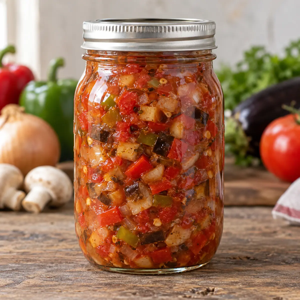 Jar of tomato-red antipasto vegetable relish