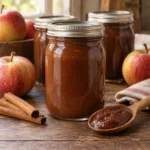 Smooth dark apple butter in sealed glass canning jars with apples and cinnamon