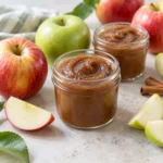 Reduced-sugar apple butter in small glass canning jars with red and green apples