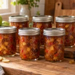 Six sealed glass canning jars filled with apple ginger chutney beside green apples, fresh ginger, raisins, and red pepper.
