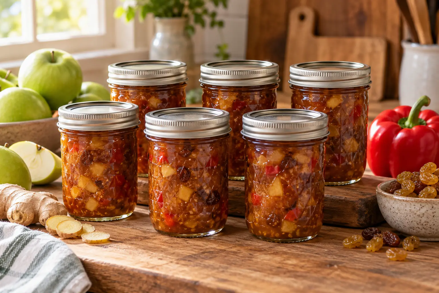Six sealed glass canning jars filled with apple ginger chutney beside green apples, fresh ginger, raisins, and red pepper.