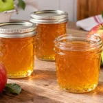Three half-pint jars of clear golden apple jelly with fresh red and green tart apples