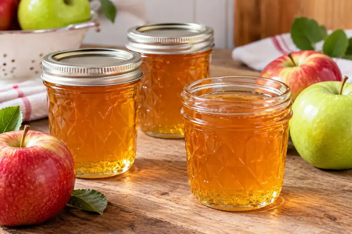 Three half-pint jars of clear golden apple jelly with fresh red and green tart apples