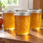 Sealed half-pint canning jars filled with golden apple jelly beside fresh apples