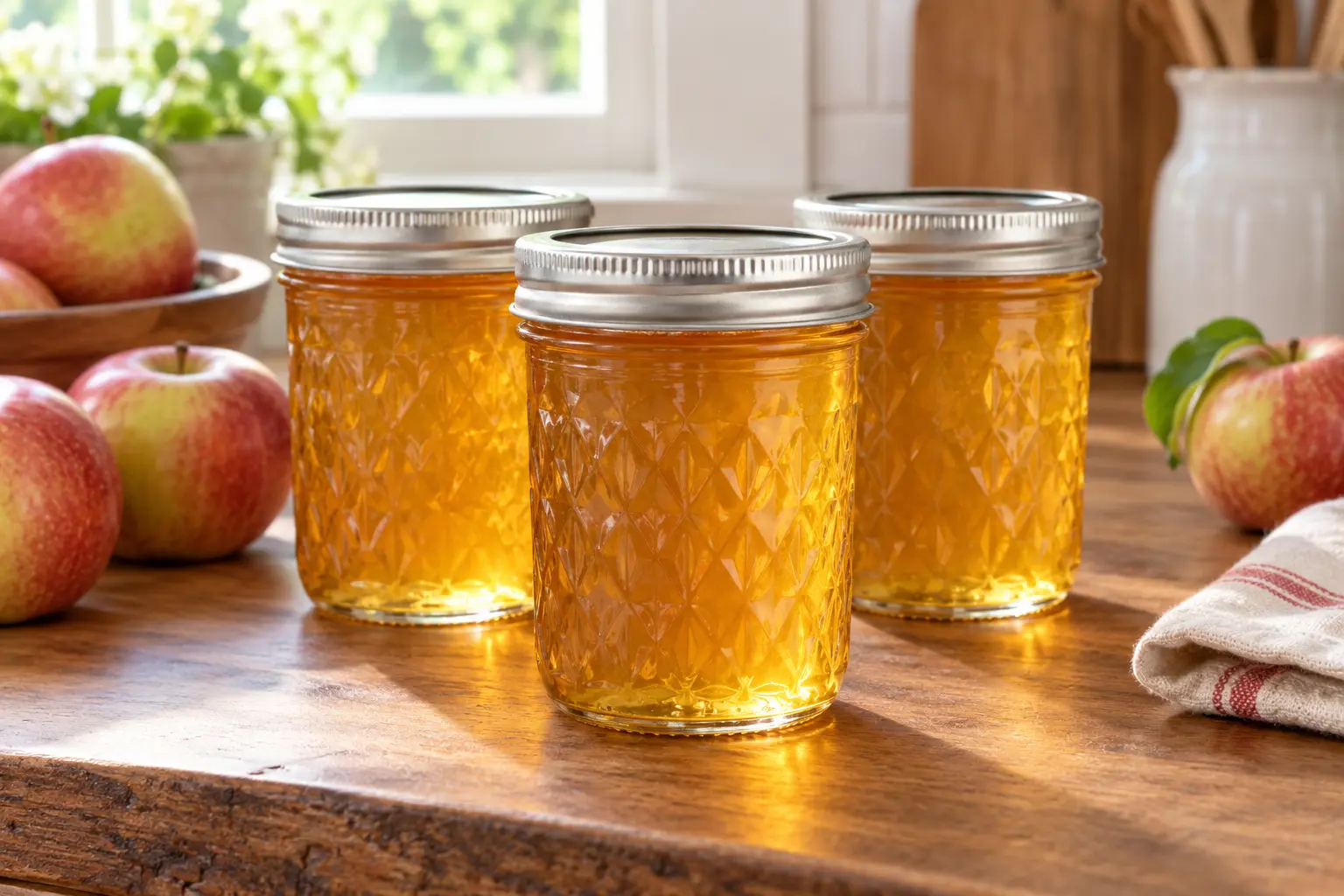 Sealed half-pint canning jars filled with golden apple jelly beside fresh apples