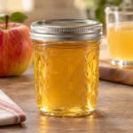 Jar of clear golden apple juice jelly with a red apple